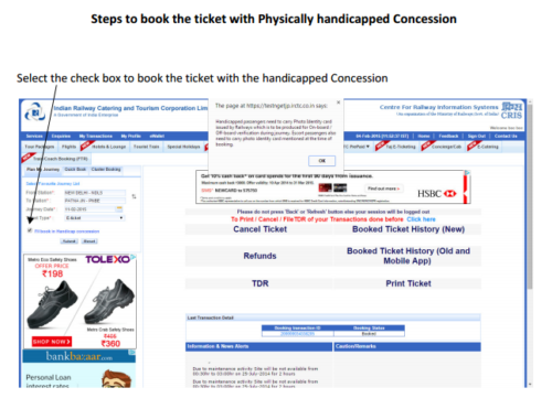 ticket concession physically handicapped irctc